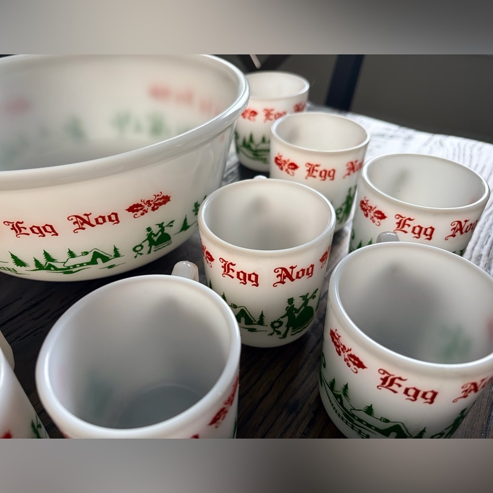 Vintage Hazel Atlas Egg Nog Punch Bowl Set with 12 Mugs